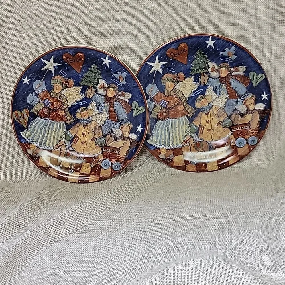 2 Folk‎ Angel by Certified Int. Salad Plate Susan Winget Angels & Stars On Blue